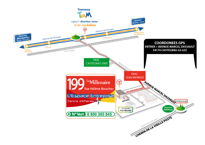 Plan depuis l'arrêt du tramway - La galine - castelnau-le-lez - Direction Jacou